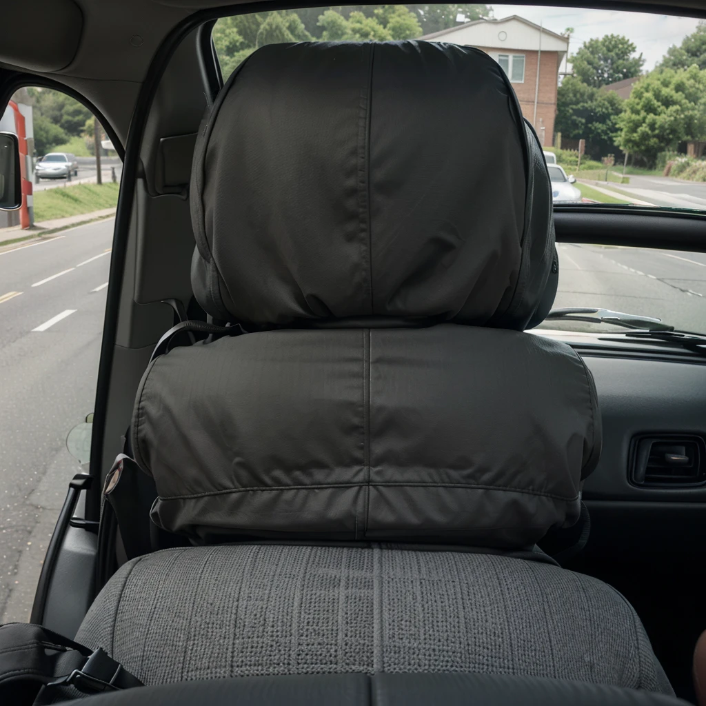 view from behind 55 year old mother on the front passenger seat of the car, she turns to the back seat with her head in the center of the car, 55 year old man on the driver's side gray hair is driving and looks at the road, background front seats mother's face front windshield wiper
