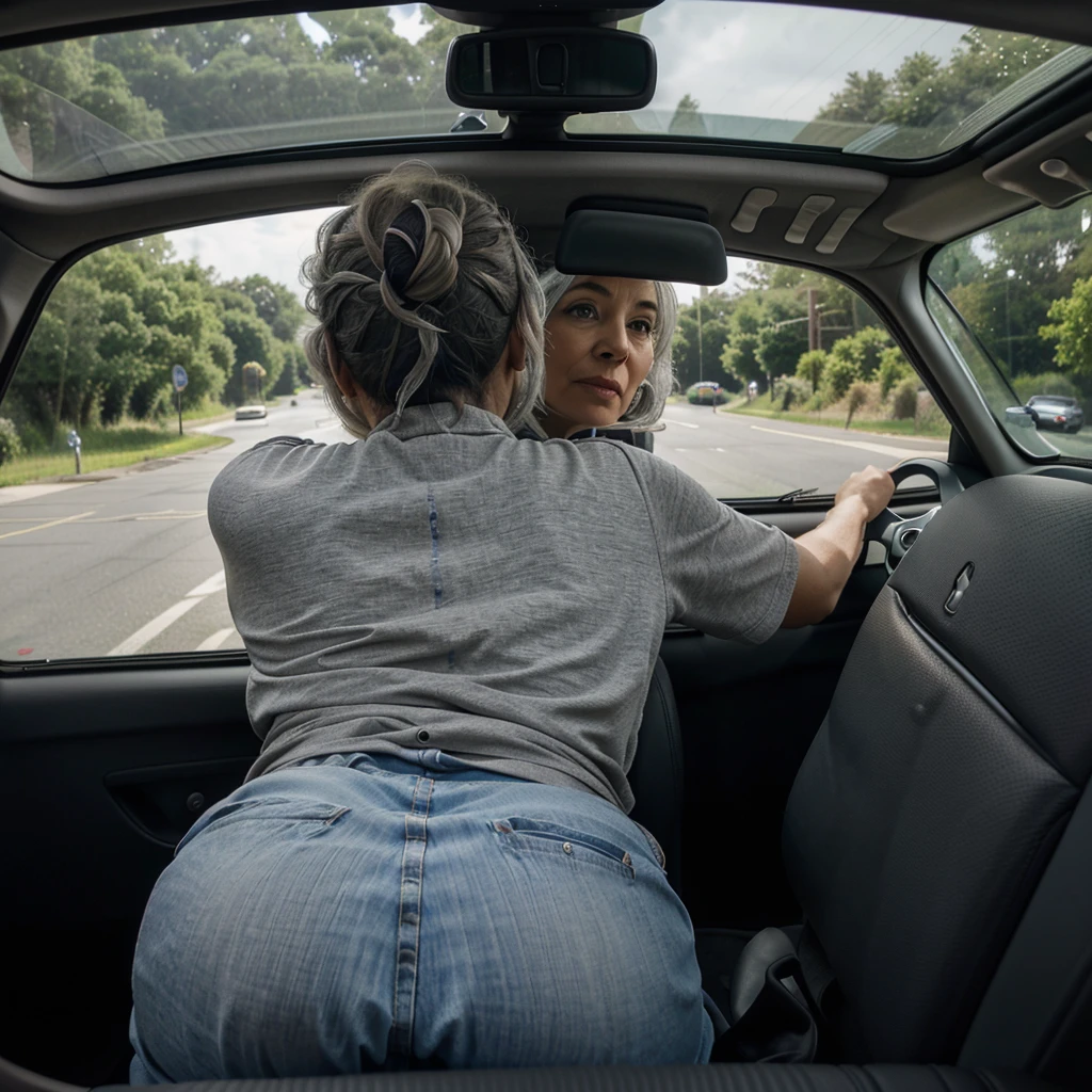 view from behind 55 year old mother on the front passenger seat of the car, she turns to the back seat with her head in the center of the car, 55 year old man on the driver's side gray hair is driving and looks at the road, background front seats mother's face front windshield wiper