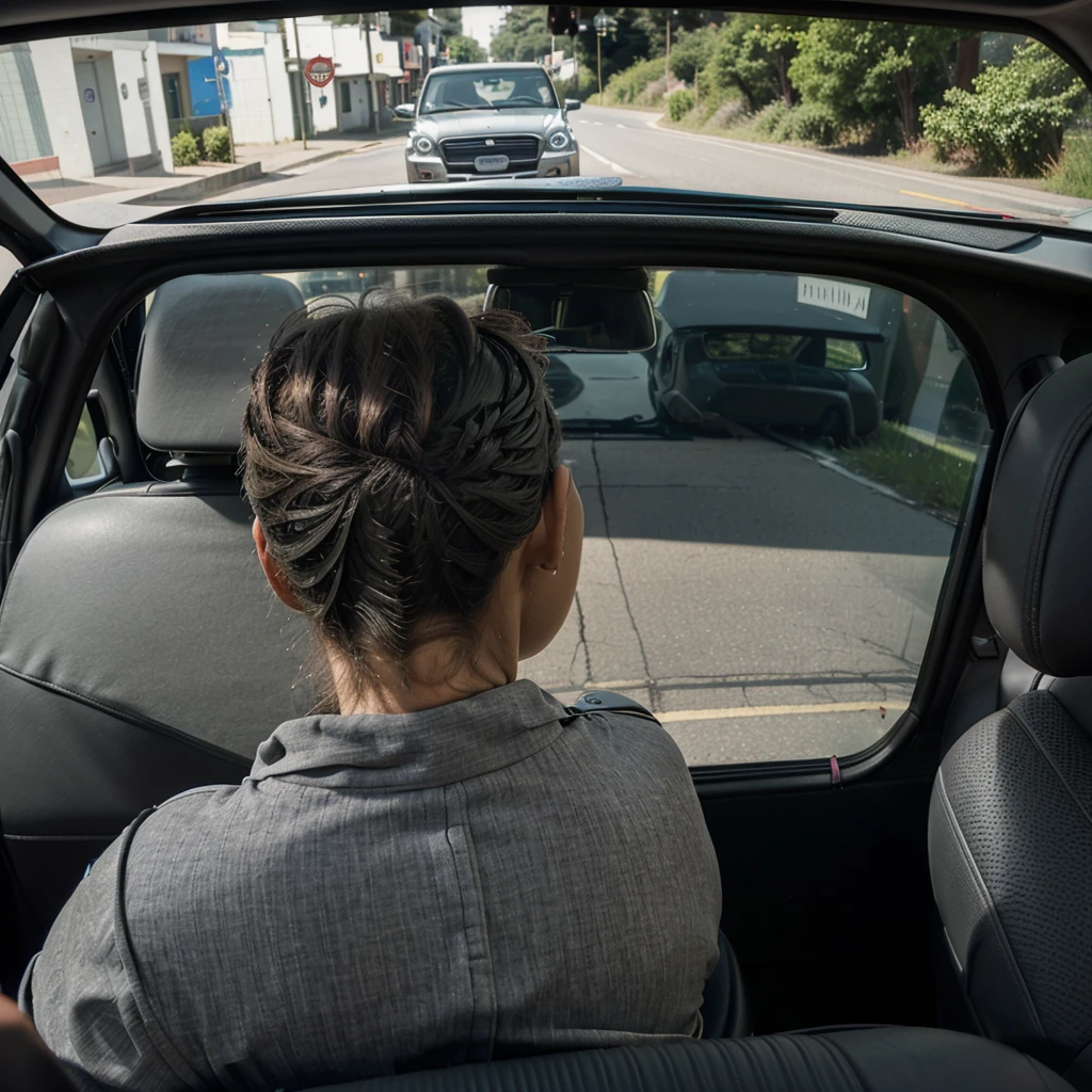 view from behind 55 year old mother on the front passenger seat of the car, she turns to the back seat with her head in the center of the car, 55 year old man on the driver's side gray hair is driving and looks at the road, background front seats mother's face front windshield wiper