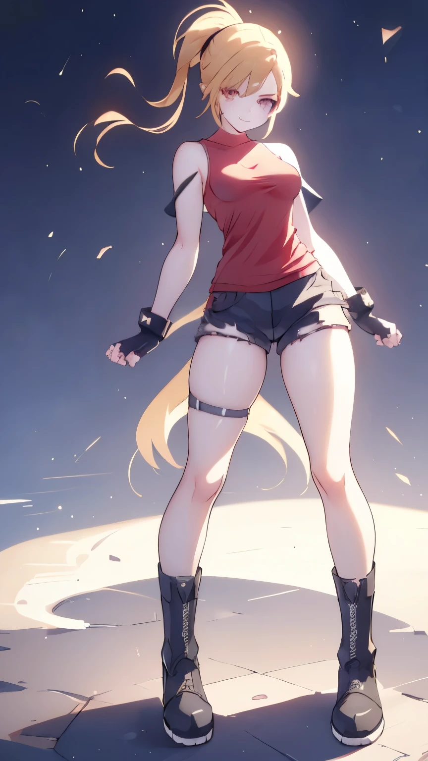 (best quality:1.2),solo,1girl,mdrin,smile,looking at viewer ,lovely pose, ponytail,v-shaped eyebrows,red shirt, fingerless gloves,black shorts , garden background, warm color tones,soft lighting, Hair over one eye, ultra long hair, standing on hooftop, long boots, long ponytail, blonde 