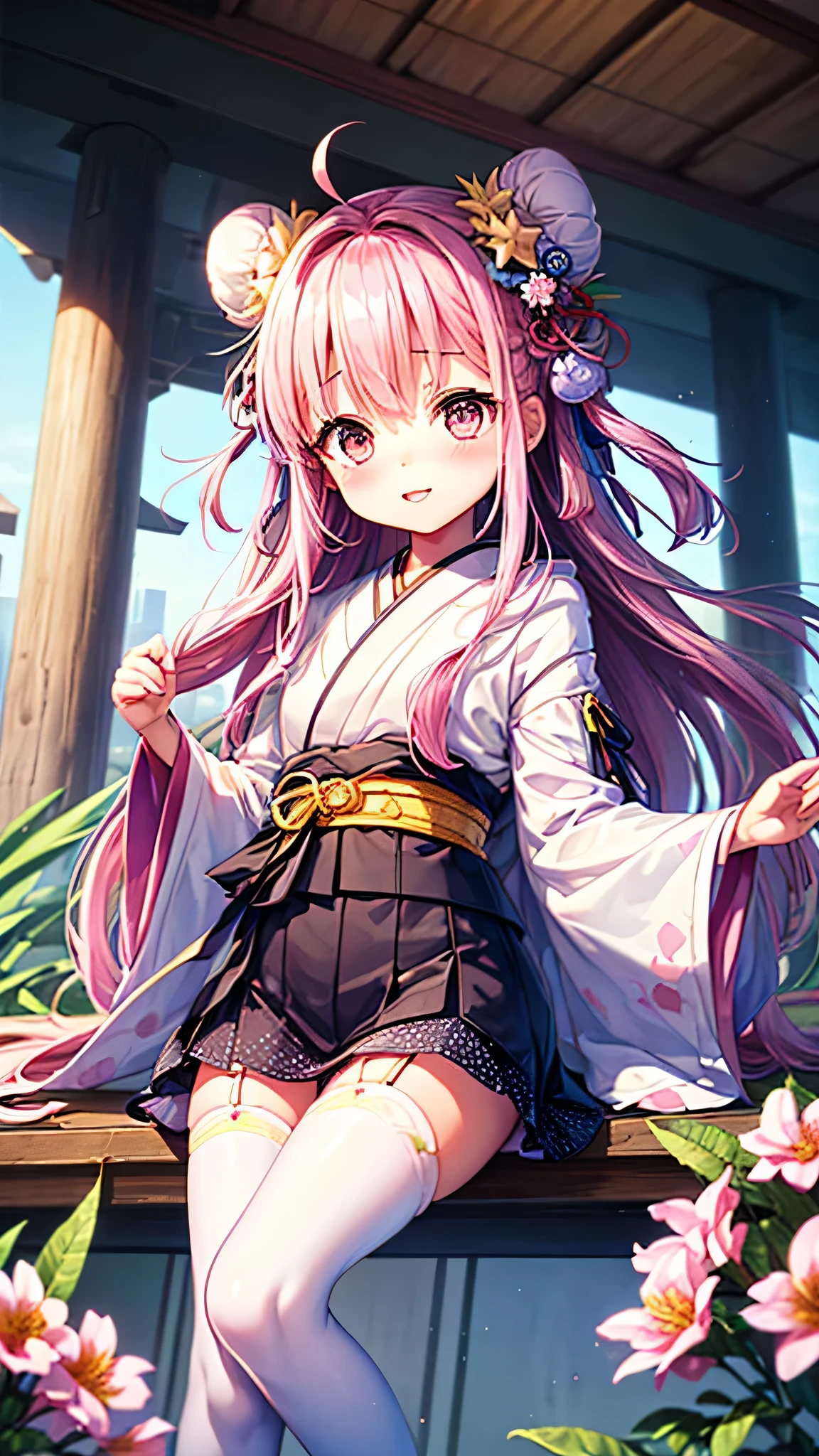 ((masterpiece))、(((Highest quality)))、((Super detailed))、((An illustration))、Attention to detail、Very detailed CG unity 8k、High resolution、美しいAttention to detail目、Attention to detail、美しいAttention to detail目,(Chibi Animation、another world、Drawn with crayons:1.3)、(Very detailed,Highest quality, masterpiece,High resolution、Confused、Perfect Anatomy:1.3),(Chibi Body、Small face、Overall cute、(Hair Ribbon:0.4), Pink Eyes,(((White bun hair))),(((Long pink hair)))、 :3, Ahoge, Symbol-shaped pupil、Very slim legs)、(Flowers that bloom in summer、Big fresh pineapple:1.4),(Wonderful cityscape、Miracle Morning:1.3)、(healthy、Cute short uniform、Polka dot pattern、Cute ribbon:1.5),(Japanese architecture,With eyes wide open:1.3)