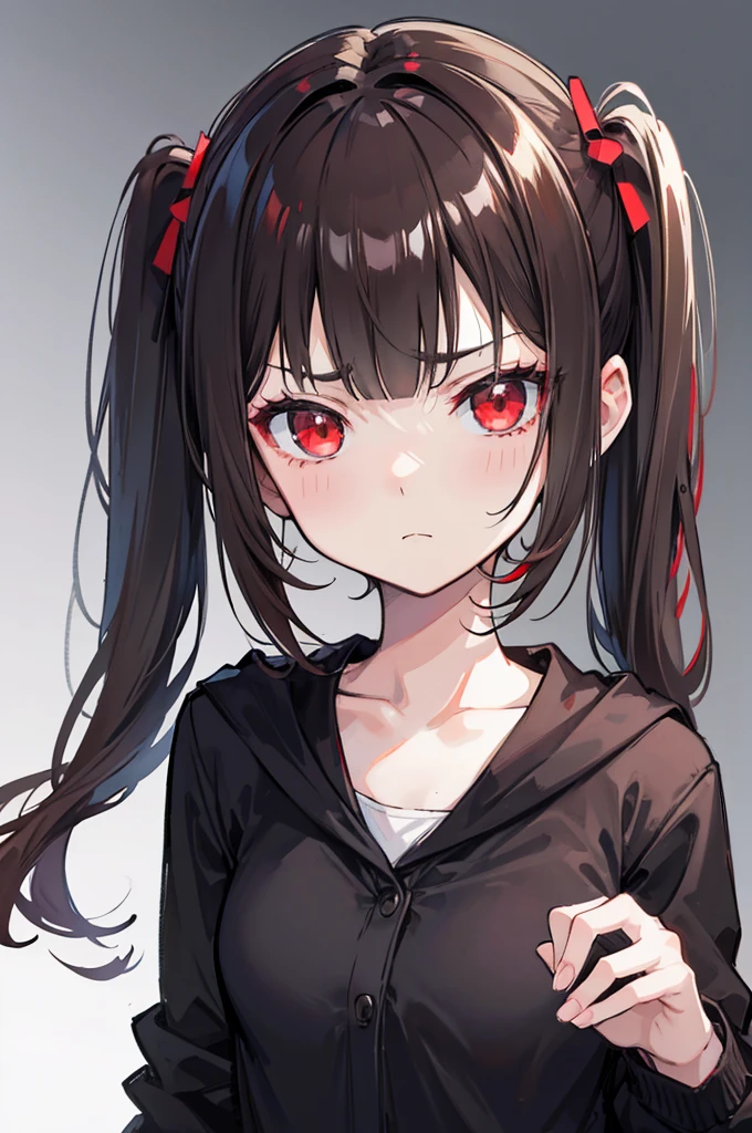 dark brown hair, short twintail, portrait, Black cardigan, pretty girl, Grumpy, red eyes, Dodoham, small breasts, Bored look