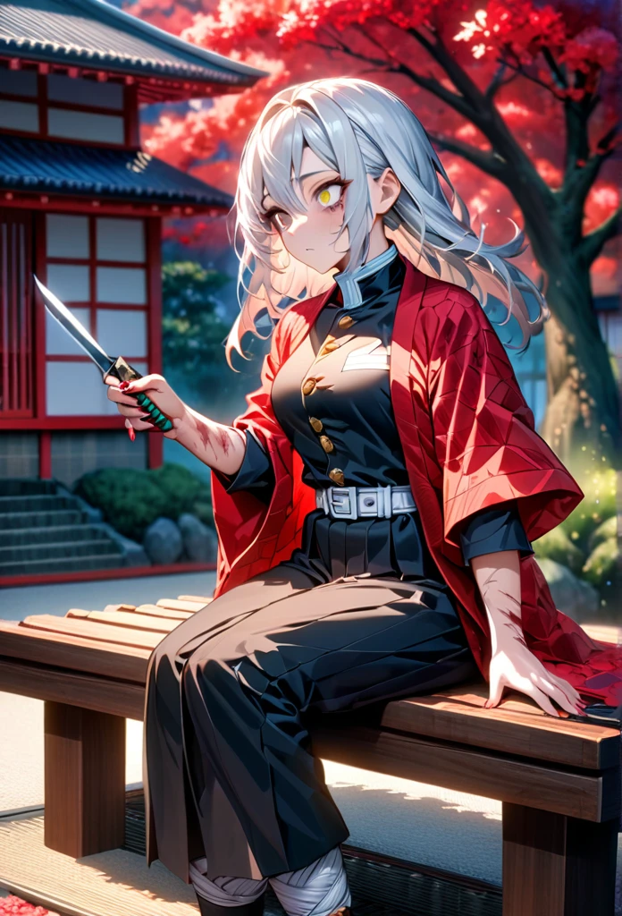 Ultra detailed, high resolution, absurd, HDR, masterpiece, anime girl, beautiful woman, long white hair with red streaks, expressive yellow eyes, red haori, black demon slayer uniform, wearing black pants,Kimetsu No Yaiba, fantasy , petals, red flowers, beautiful, woman sitting alone on a wooden bench, alone, afternoon, sun, forest next to a Japanese house, best quality, extremely detailed face and eyes, expressionless, apathetic, dark circles under the eyes, cutting the upper part of the forearm with a knife, painlessly, blood only on the forearm, deep cut on the forearm, clothing sleeves extended showing scars on tbe forearm