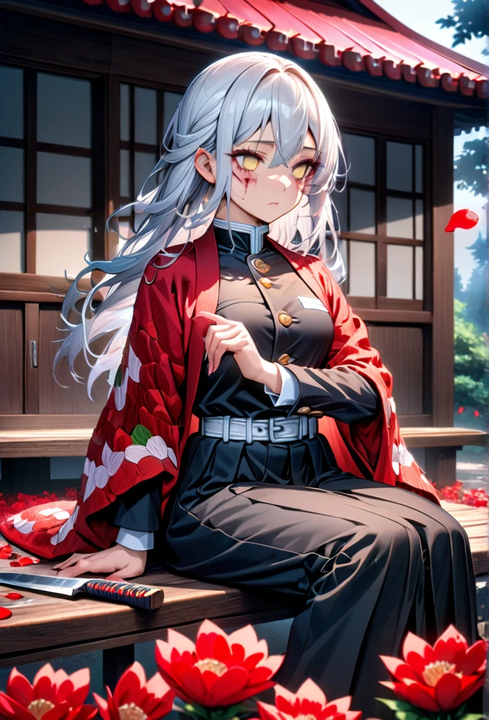 Ultra detailed, high resolution, absurd, HDR, masterpiece, anime girl, beautiful woman, long white hair with red streaks, expressive yellow eyes, red haori, black demon slayer uniform, wearing black pants,Kimetsu No Yaiba, fantasy , petals, red flowers, beautiful, woman sitting alone on a wooden bench, alone, afternoon, sun, forest next to a Japanese house, best quality, extremely detailed face and eyes, expressionless, apathetic, dark circles under the eyes, cutting the upper part of the forearm with a knife, painlessly, blood only on the forearm, face without blood, deep cut on the forearm, clothing sleeves extended showing scars on tbe forearm

