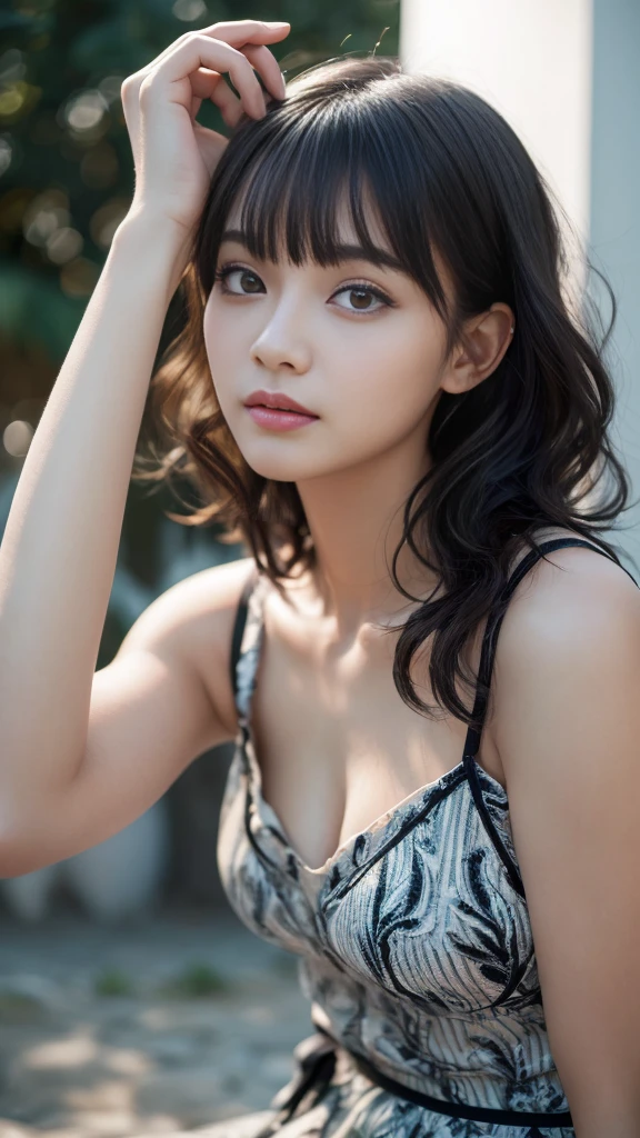 bending over,(Highest quality, Very detailed, masterpiece:1.2), 1 female, Very thin body, length, Thin legs, ((Black wavy short hair:1.2)), ((Thick and fluffy bangs)), Very detailedな顔,A faint smile, small, Thin Nose, small thin mouth, Extremely sharply focused eyes, Japanese, Beautiful Face, Realistic eyes, Beautiful and beautiful eyes, Realistic Skin, Beautiful Skin, charm, (Lively Faces), (flowing summer dress camisole evening), Creepy and unique hairstyles, High resolution, Vibrant color palette, , Tim Burton's signature dark shadows and strange details, Shooting from below,background