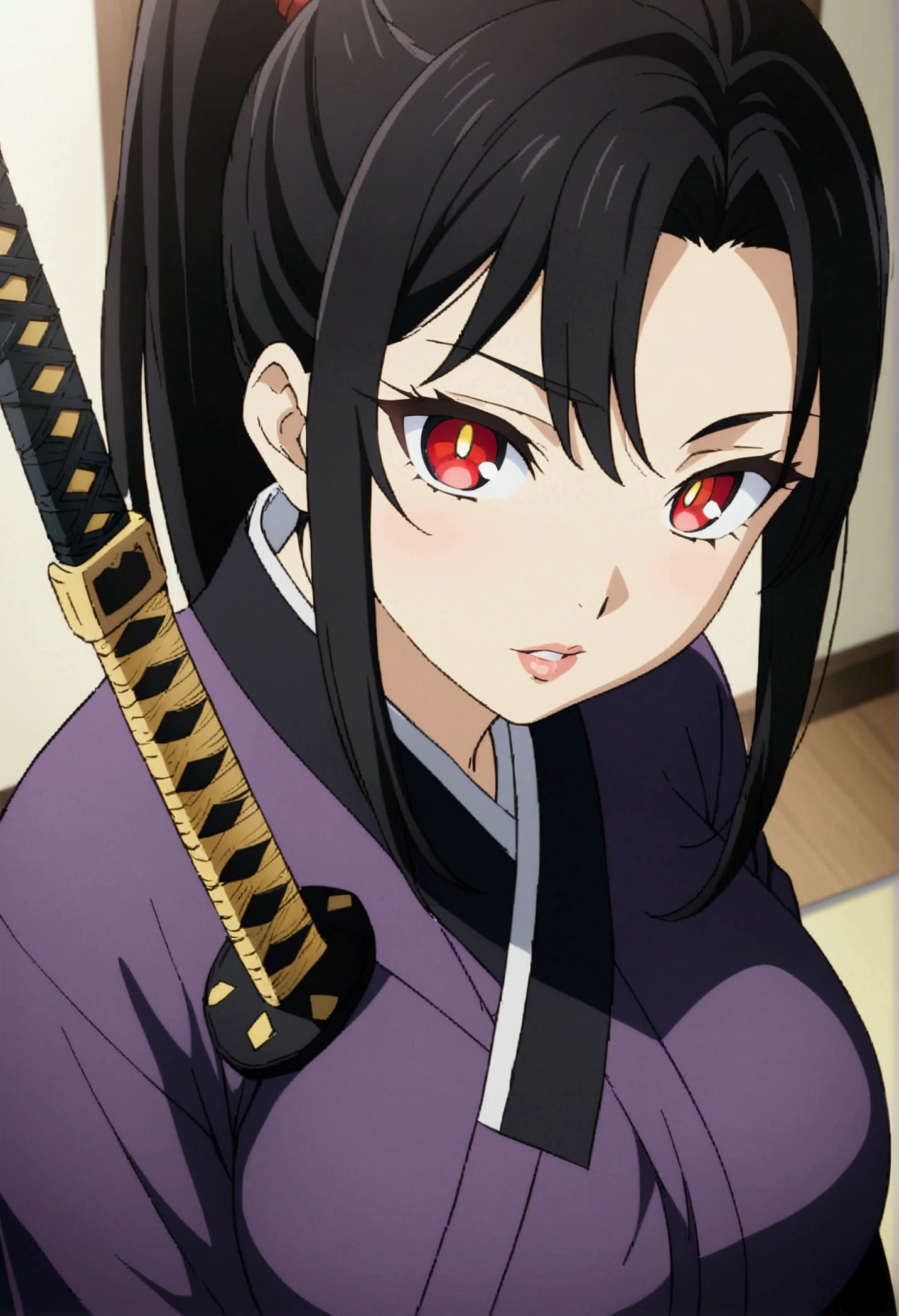 beautiful detailed eyes, beautiful detailed lips, extremely detailed eyes and face, long eyelashes, 1 girl, anime, anime style, anime girl, big breasts, tall black hair, tall ponytail, orange highlights, 6 red eyes, kanji, yellow pupils, wearing purple kimono with black hakama in Demon Slayer style and a katana, masterpiece, best quality,