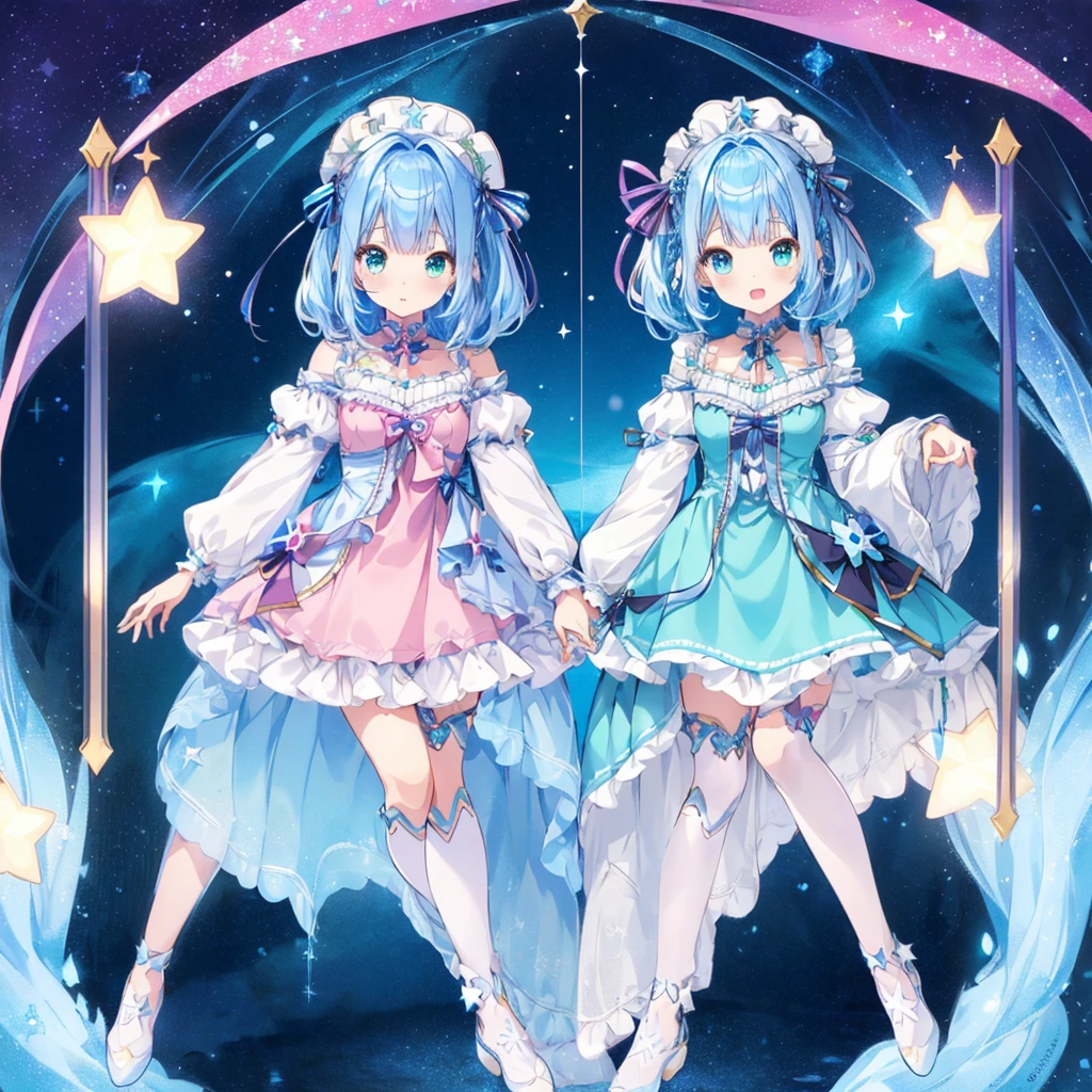 1girl、Star Fairy、Star incarnation、Character design front view、A picture facing the viewer、(((Super detailed、Highest quality、Masterpiece)))、Original cute hairstyle、Milky white and blue hair color、Simple Green Background、vtuber-fullbody,Original cute clothes in jet black and magenta、