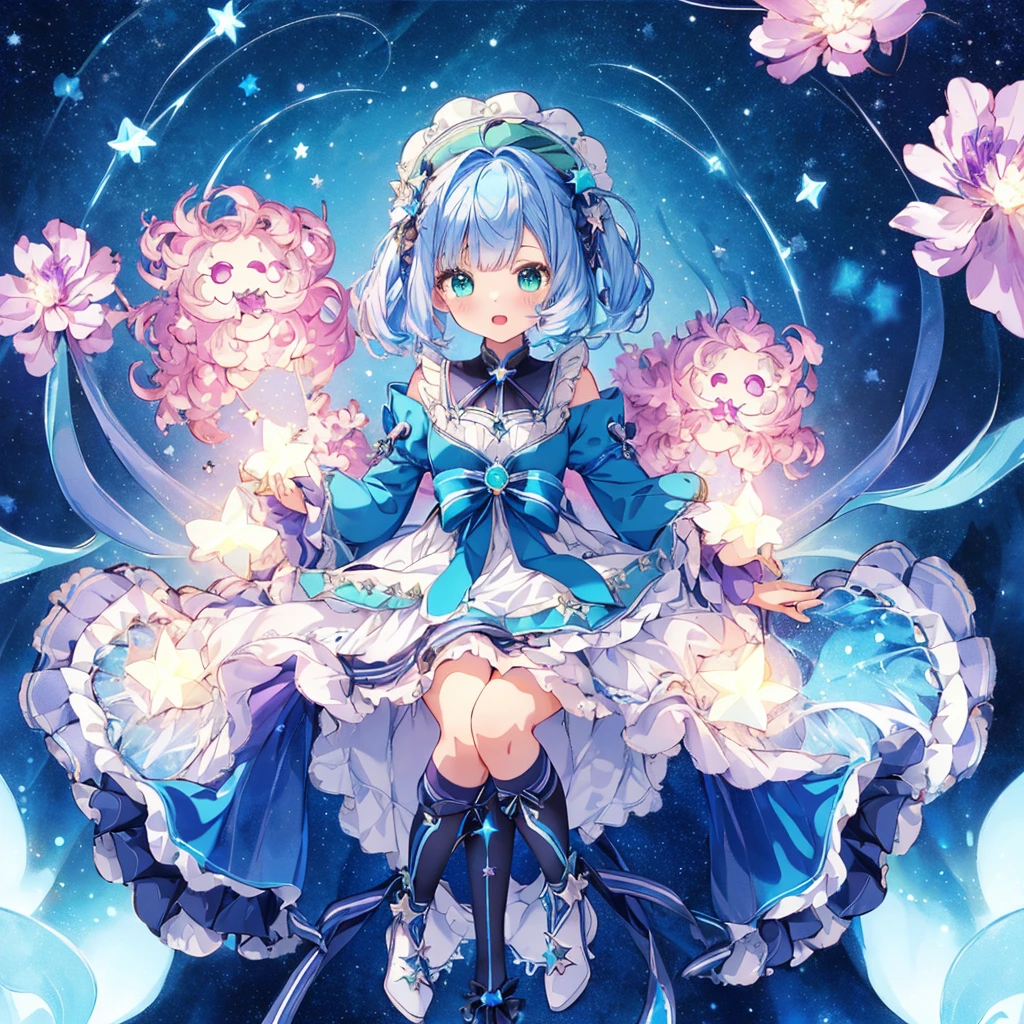 1girl、Star Fairy、Star incarnation、Character design front view、A picture facing the viewer、(((Super detailed、Highest quality、Masterpiece)))、Original cute hairstyle、Milky white and blue hair color、Simple Green Background、vtuber-fullbody,Original cute clothes in jet black and magenta、