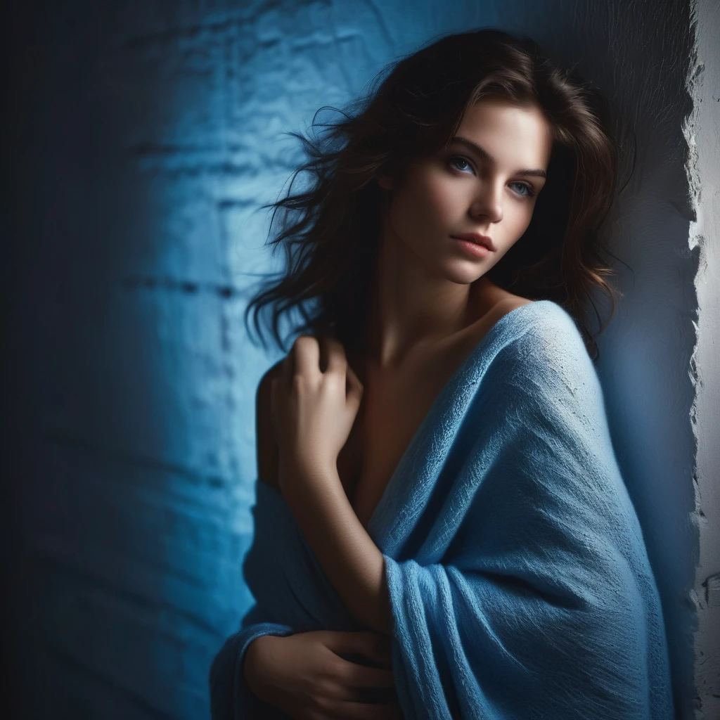 Wonderful girls (23 years old) who captivate those who see their fantastic Western beauty. Her expressive eyes sparkle with emotion, and her slender figure stands out. This scene depicts a woman leaning against a wall, arms raised, expressing raw emotion, and in a bright blue light. . The background is blank and the sharp contrast emphasizes her outline. The blue and black palette intensifies the atmosphere and evokes a sense of mystery and charm. Subtle film grain and meticulous shading add thought and texture, while lighting dictates a chiaroscuro effect that emphasizes her expressive pose and gentle atmosphere. In the middle of the night, my whole body is covered with a blanket in bed, legs crossed.