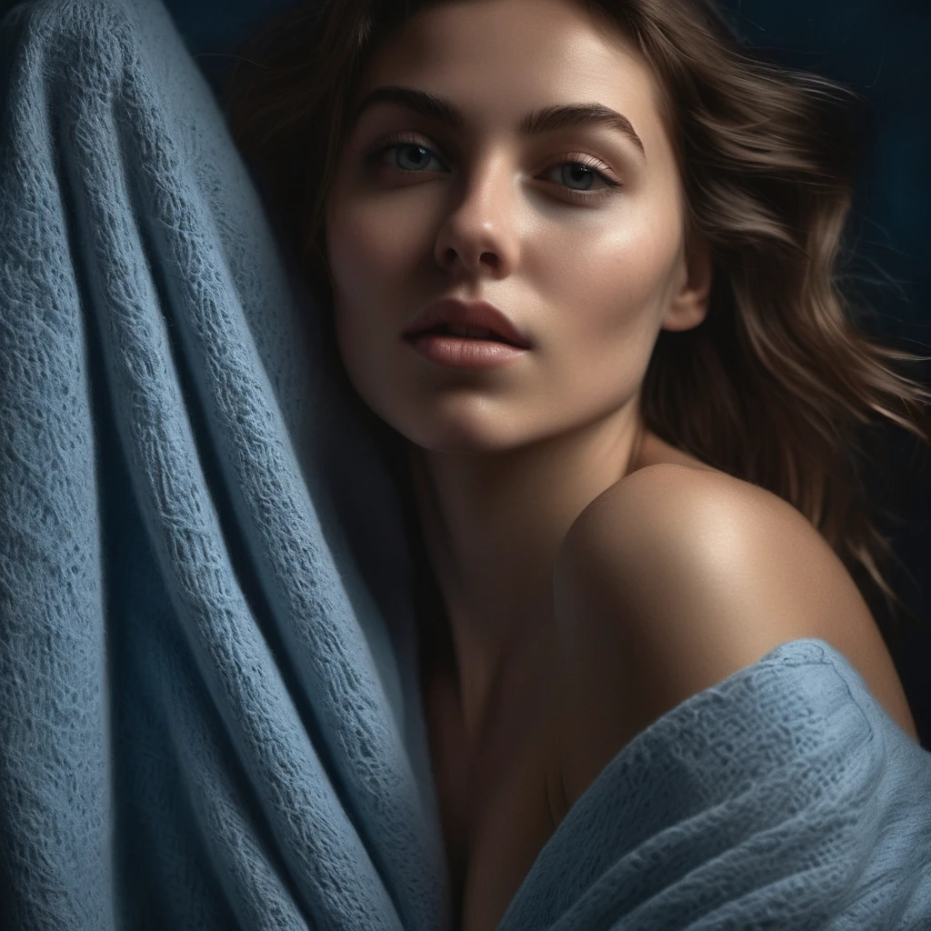 Wonderful girls (23 years old) who captivate those who see their fantastic Western beauty. Her expressive eyes sparkle with emotion, and her slender figure stands out. This scene depicts a woman leaning against a wall, arms raised, expressing raw emotion, and in a bright blue light. . The background is blank and the sharp contrast emphasizes her outline. The blue and black palette intensifies the atmosphere and evokes a sense of mystery and charm. Subtle film grain and meticulous shading add thought and texture, while lighting dictates a chiaroscuro effect that emphasizes her expressive pose and gentle atmosphere. In the middle of the night, my whole body is covered with a blanket in bed, legs crossed.