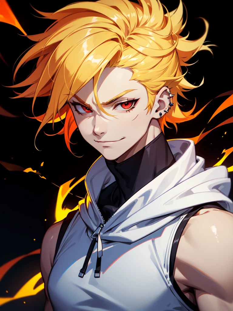 (((Portrait Photo))), He has a Vibrant and Energetic Appearance of a 15-Year-Old, with a Lean Build that Exudes Strength and Agility. His Short, Tousled Blonde Hair Adds to His Dynamic and Lively Aura. His Piercing Red Eyes are Filled with a Fierce Determination and Mischievous Spark, Drawing Attention with their Fiery Intensity. He is Dressed in a Sleeveless White Hoodie with Black Accents. His Confident Smirk and Powerful Stance Reflect His Bold and Adventurous Personality. (((High Quality, Dark Background))), (((Portrait Photo)))