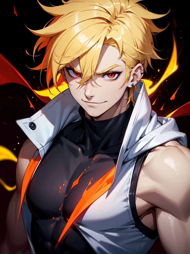 (((Portrait Photo))), He has a Vibrant and Energetic Appearance of a 15-Year-Old, with a Lean Build that Exudes Strength and Agility. His Short, Tousled Blonde Hair Adds to His Dynamic and Lively Aura. His Piercing Red Eyes are Filled with a Fierce Determination and Mischievous Spark, Drawing Attention with their Fiery Intensity. He is Dressed in a Sleeveless White Hoodie with Black Accents. His Confident Smirk and Powerful Stance Reflect His Bold and Adventurous Personality. (((High Quality, Dark Background))), (((Portrait Photo)))