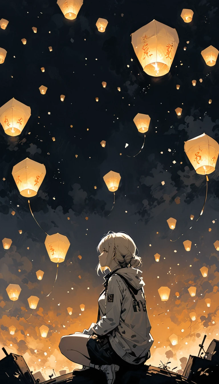 (Ashley Wood (Ashley Wood) style of:1.1),
1 Girl,Spread your knees apart,Bring your feet together,?,large areas of white space,sit,At the bottom of the screen,(look up:1.5),from the side,Look up,comics,,Wishing paper lanterns in the sky