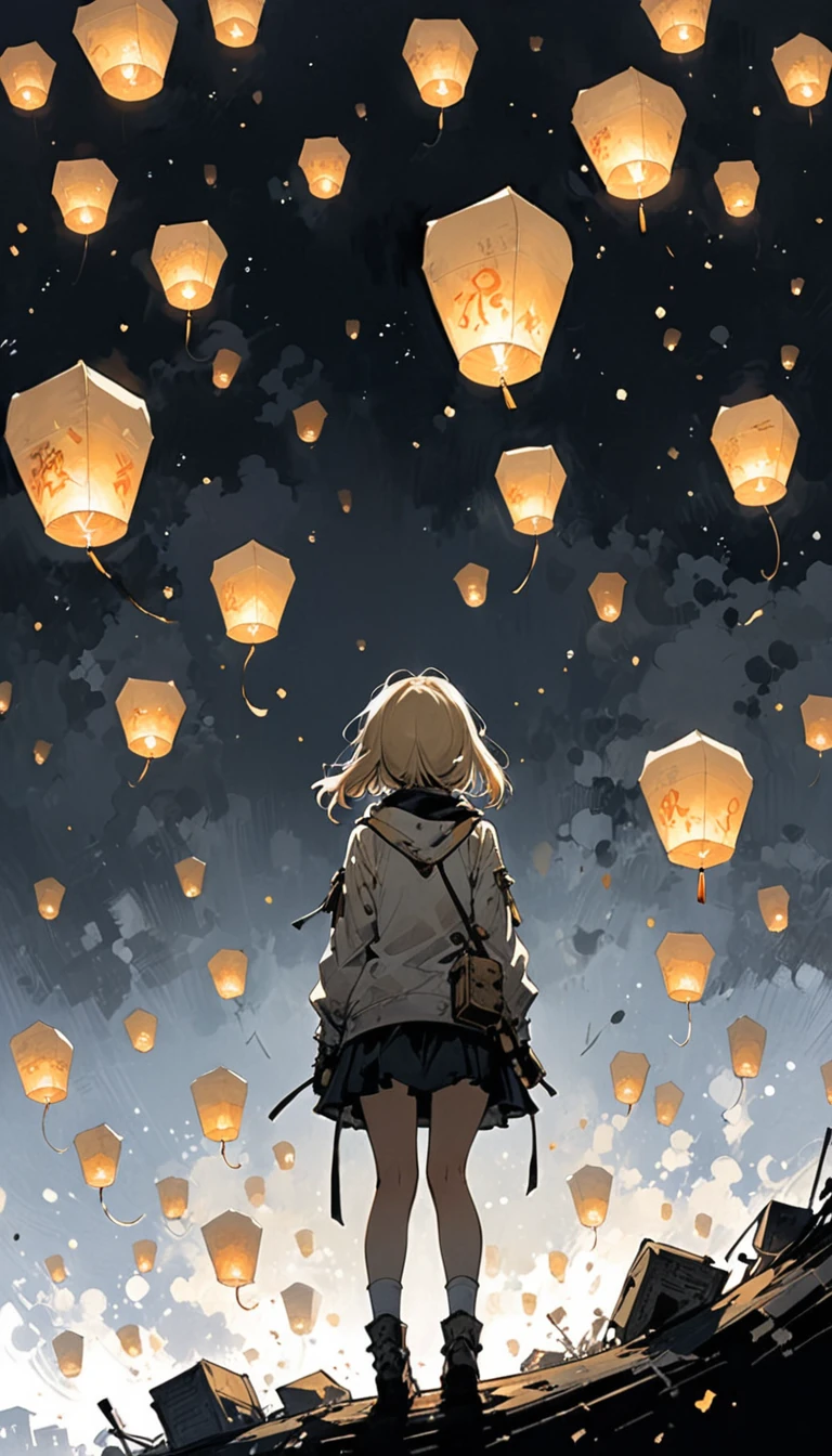 (Ashley Wood (Ashley Wood) style of:1.1),
1 Girl,Spread your knees apart,Bring your feet together,?,large areas of white space,sit,At the bottom of the screen,(look up:1.5),from the side,Look up,comics,,Wishing paper lanterns in the sky