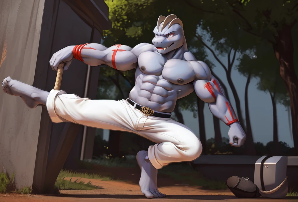 (((Barefoot furry character, full body, cinematic setting, furry male, plantigrade))) 

(((Machoke))) as Capoeira fighter, ((pokemon, long white pants, training Capoeira in the park))

blue body, bara:0.5

BREAK, intricate details, highly detailed, extreme detail, octane render, fine art, best quality, highres, (detailed face:1.5), ((full_body)), UHD, (((perfect hands))), (((perfect feet))), low light