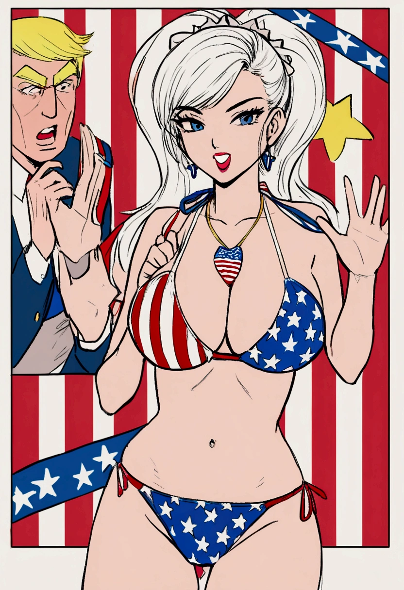 Jayne mansfield, age 25, patriotic Trump bikini, waving an american flag, 50s stle, MAGA poster
