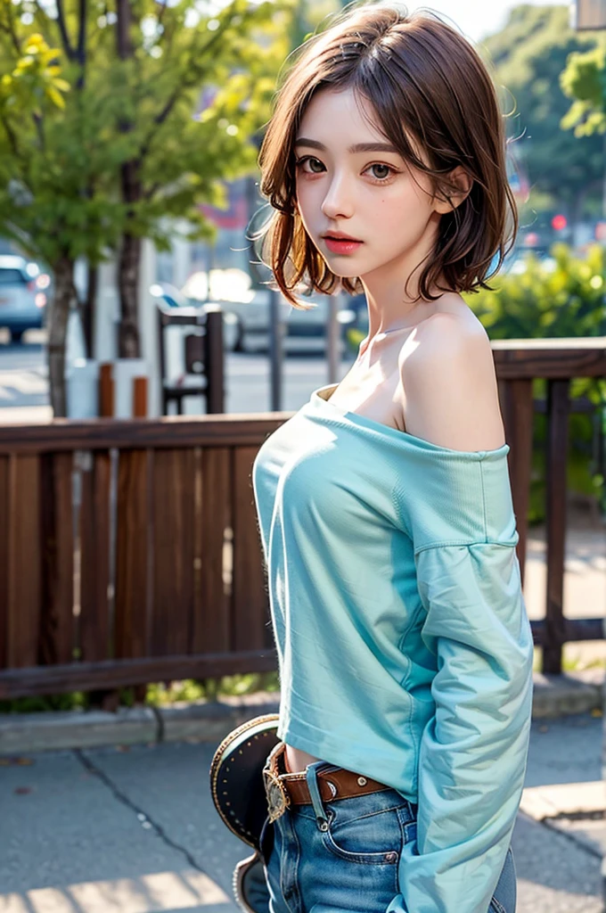 Green clothes、Drinking bottled water, Highest quality, masterpiece, Ultra-high resolution, (Realistic:1.4), RAW Photos, One Girl, Off the shoulder, Deep Shadow, Moderate, short hair, roadside,walk, 20-year-old,Cute Face, Small , Tight shirt,(Cowboy Shot:1.5), Lens flare,