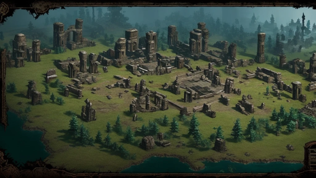 shadows of a desolate land beasts and a disease spreading, with ancient ruins and dark forests RPG styles