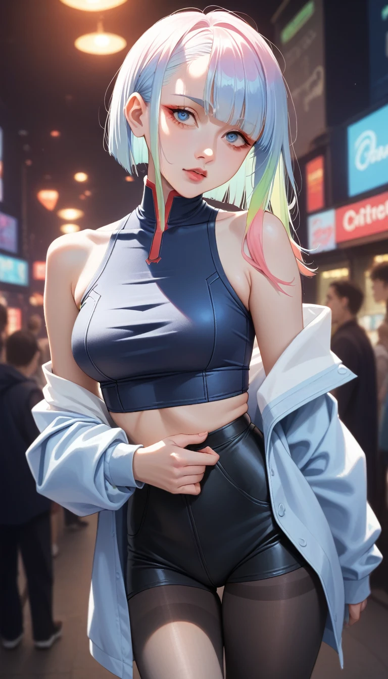 score_9_up, score_8_up, score_7_up, score_6_up,Cyberpunk edgerunners, 1 Girl, Lucy (Cyberpunk), 裸Off-shoulder膀, blue eyes, breast, Tights, Looking at the audience, medium breast, Off-shoulder夹克, Off-shoulder, Red Eyeliner, short hair, sleeveless turtleneck Tights, Solitary, turtleneck Tights, White hair, ((masterpiece)) (best quality, masterpiece)