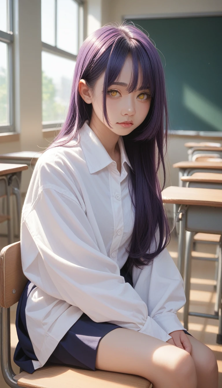 score_9_up, score_8_up, score_7_up, score_6_up,1 Girl, Long midnight purple hair, Golden light eyes, Sitting in the classroom, White modern school, Japanese cartoons