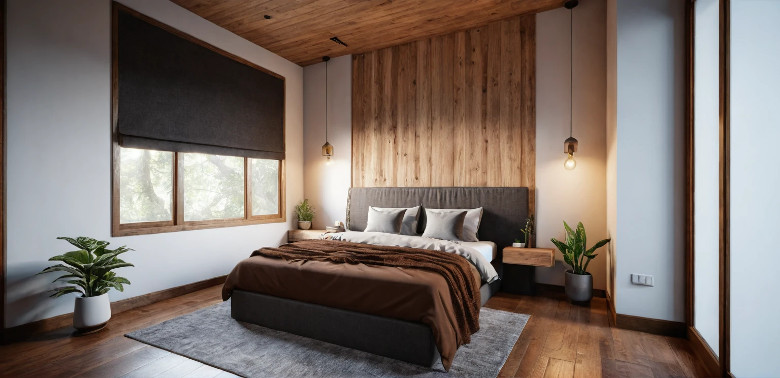 there is a bed with a brown blanket and a wooden headboard, enscape render, unreal 5 engine highlly render, rendered in unreal engine 5, detailed unreal engine 5 render, vray 8k render, unreal engine 5 8 k rendering, rendered unreal engine 5, rendered in enscape, 8k vray render, realistic physical rendering, realistic 3 d style