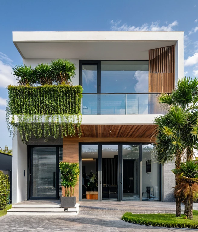 Masterpiece, high quality, best quality, authentic, super detail, outdoors, onestoreyvillaXL, aiaigroup, house style modern on the street ,stairs, white wall ,road,pavement, grass, trees, sky, cloud, (daylight:1.1)
