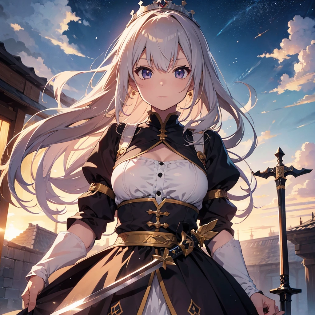a close-up of a woman with a crown holding a sword, an anime drawing inspired by Li Chevalier, pixiv, Fantasyart, artoria pendragon, Destiny grand order, Destiny / stay overnight, she is holding a sword, anime style like Destiny/stay overnight, capa de light novel épica, female protagonist 👀 :8, detailed key anime art