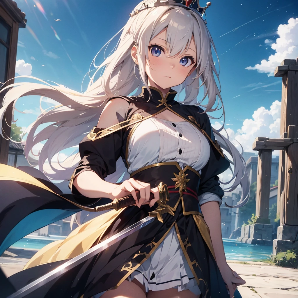 a close-up of a woman with a crown holding a sword, an anime drawing inspired by Li Chevalier, pixiv, Fantasyart, artoria pendragon, Destiny grand order, Destiny / stay overnight, she is holding a sword, anime style like Destiny/stay overnight, capa de light novel épica, female protagonist 👀 :8, detailed key anime art