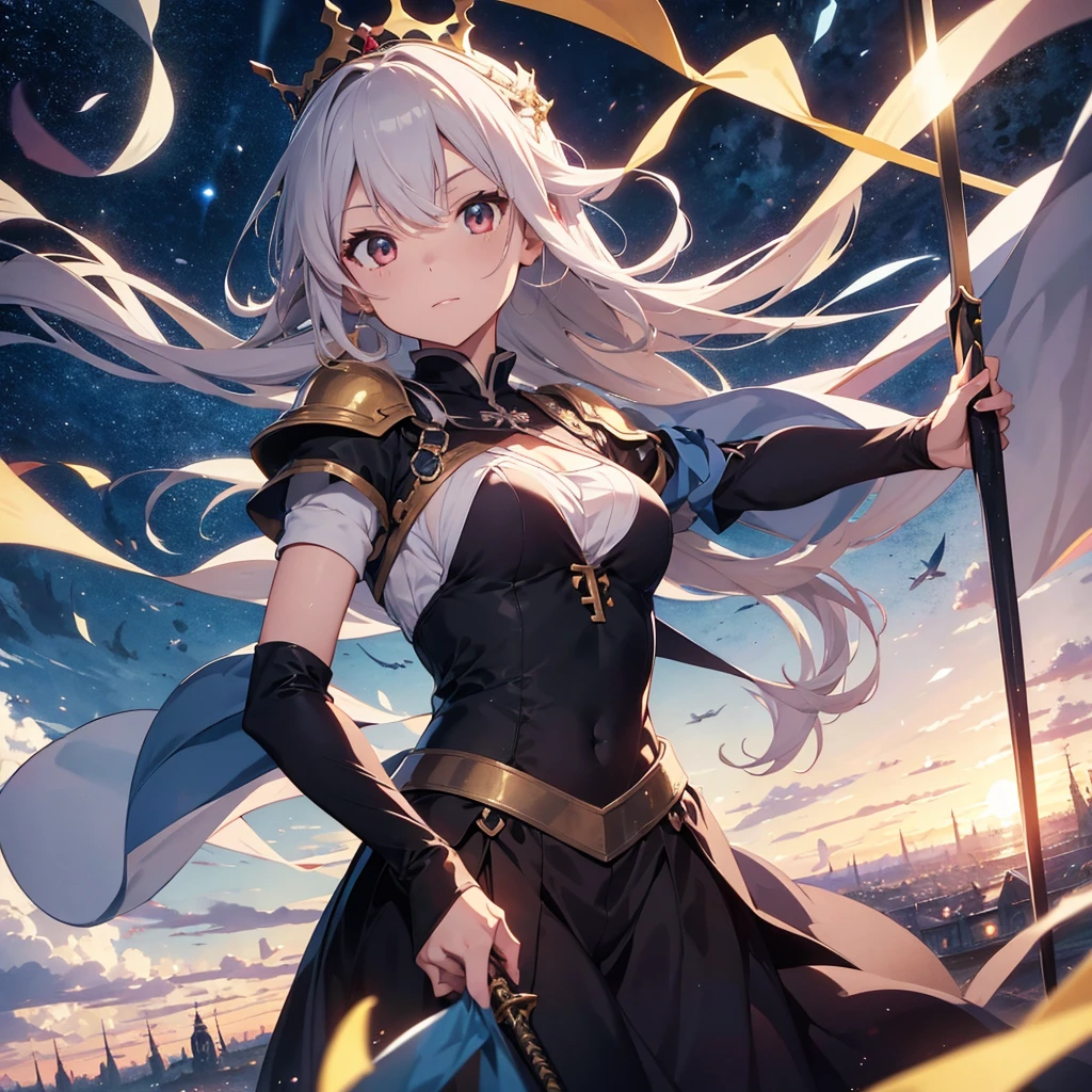 a close-up of a woman with a crown holding a sword, an anime drawing inspired by Li Chevalier, pixiv, Fantasyart, artoria pendragon, Destiny grand order, Destiny / stay overnight, she is holding a sword, anime style like Destiny/stay overnight, capa de light novel épica, female protagonist 👀 :8, detailed key anime art