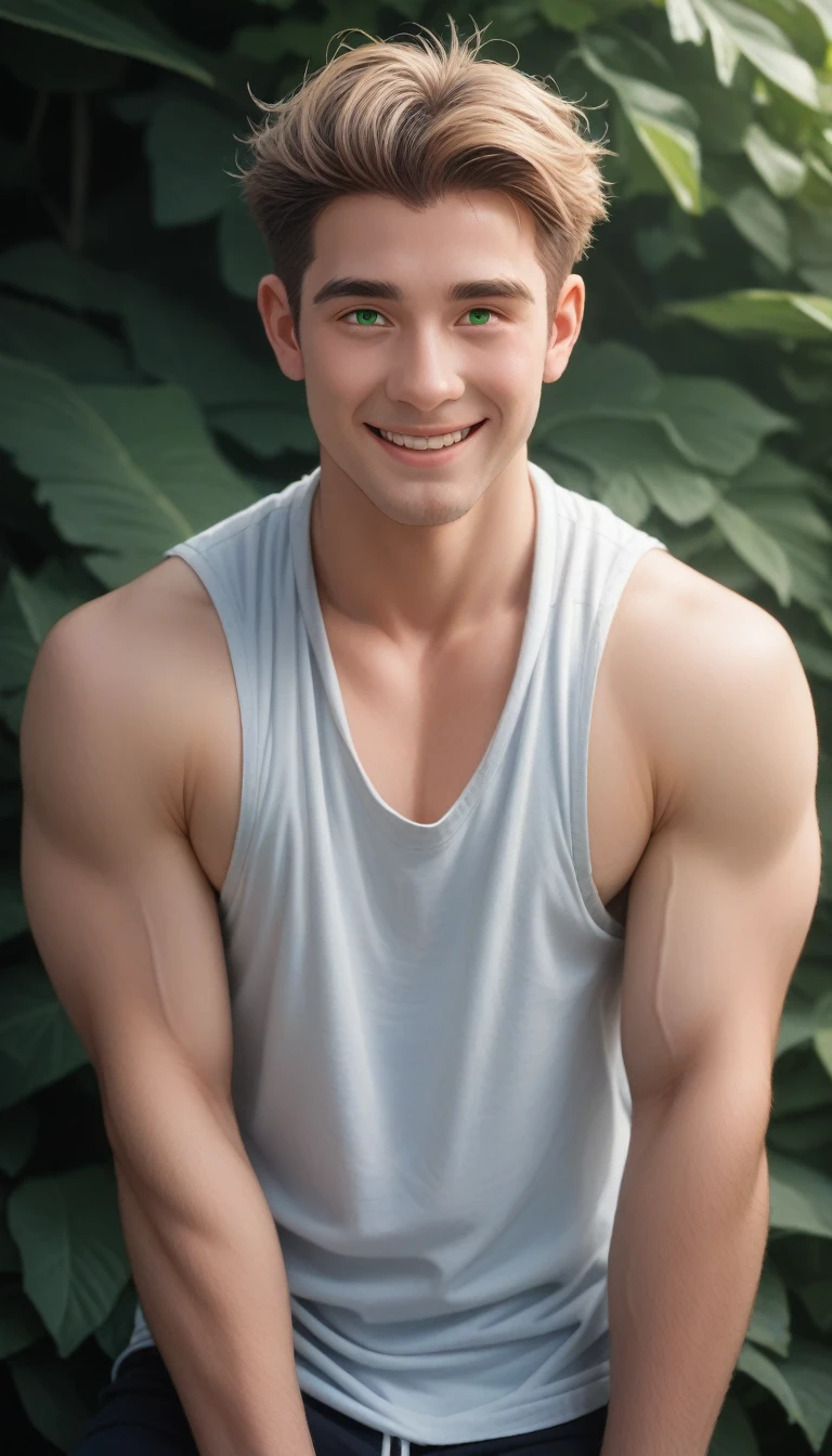 score_9_up, score_8_up, score_7_up, score_6_up,The soft light illuminates an extremely delicate、Surreal handsome Middle Eastern male model, Beach Look, Super short messy light brown hair, Clear green eyes, Charming perfect smile, Sensual, Hot Man, Handsome, Popular on ArtStation. Octane was the perfect tool to capture the finest details of this 16k photographic masterpiece.