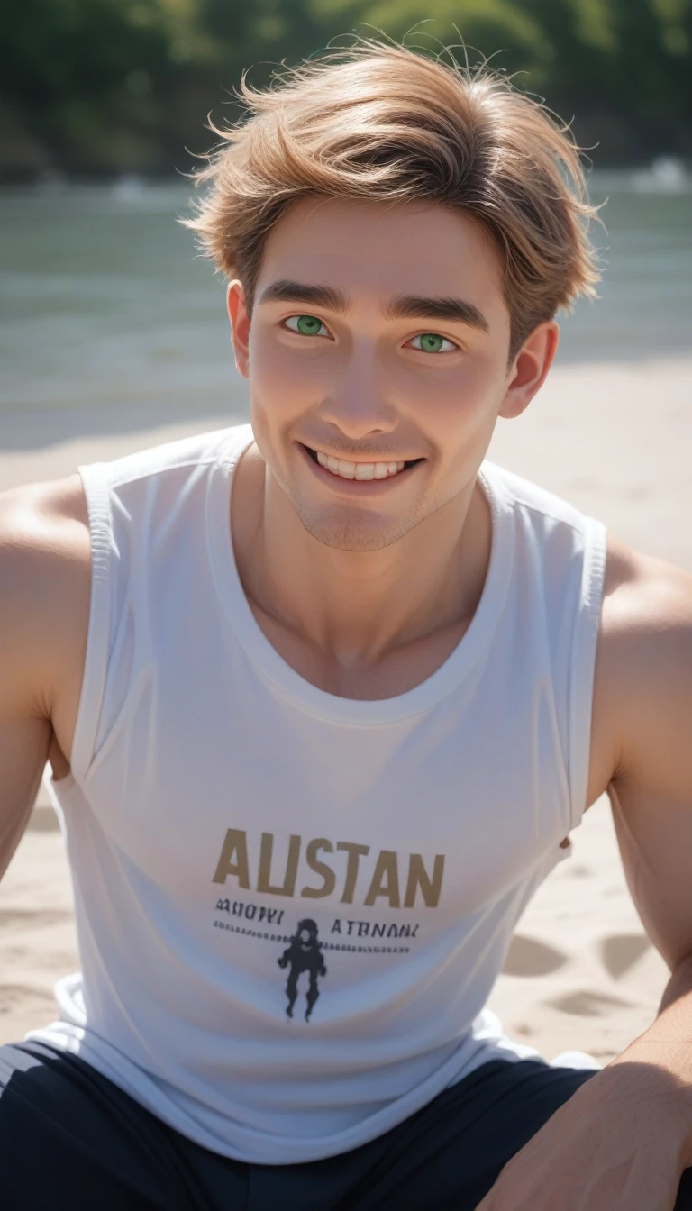 score_9_up, score_8_up, score_7_up, score_6_up,The soft light illuminates an extremely delicate、Surreal handsome Middle Eastern male model, Beach Look, Super short messy light brown hair, Clear green eyes, Charming perfect smile, Sensual, Hot Man, Handsome, Popular on ArtStation. Octane was the perfect tool to capture the finest details of this 16k photographic masterpiece.