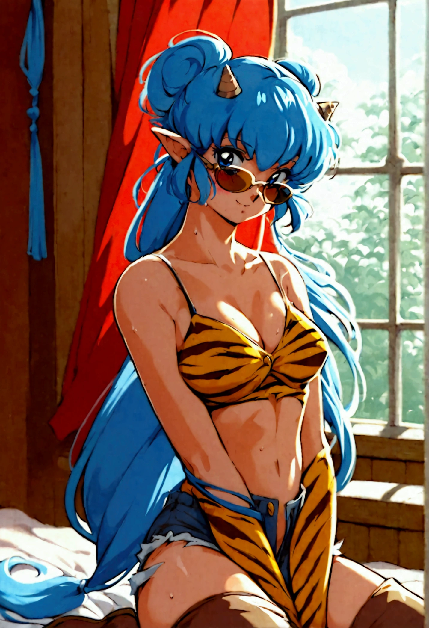 score_9, score_8_up, score_7_up, 1980's style, retro, source anime, flat color, illustration. lum, single_braid, blue hair, blue eyes, tiny horns, pointy ears, aqua hair, eyeshadow, 1girl, solo, cute, aviator sunglasses, aviator glasses, big perky breasts, (dramatic lighting), cute girl, sweaty, blush, blushing, makeup, smile, horny, drunkenly. Clothes: chinese_clothes, (red tangzhuang), tight black jean shorts with frayed edges, cut off black_ jean_shorts, tiny jean shorts, cropped red tangzhuang, (unbuttoned), bottomless, yellow tiger-stripped thigh boots, dressed slutty. Background: living room, sitting next to bed, big window, high floor. Pose: sitting, spread legs, leaning back, dynamic posing, showing feet to viewer, facing away, Expressiveh, from below, from side,