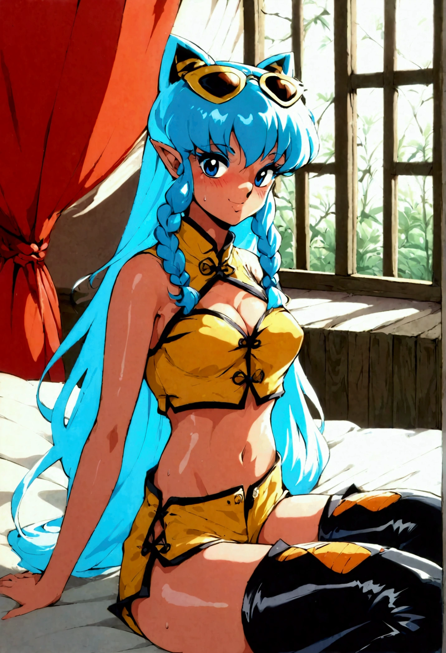 score_9, score_8_up, score_7_up, 1980's style, retro, source anime, flat color, illustration. lum, single_braid, blue hair, blue eyes, tiny horns, pointy ears, aqua hair, eyeshadow, 1girl, solo, cute, aviator sunglasses, aviator glasses, big perky breasts, (dramatic lighting), cute girl, sweaty, blush, blushing, makeup, smile, horny, drunkenly. Clothes: chinese_clothes, (red tangzhuang), tight black jean shorts with frayed edges, cut off black_ jean_shorts, tiny jean shorts, cropped red tangzhuang, (unbuttoned), bottomless, yellow tiger-stripped thigh boots, dressed slutty. Background: living room, sitting next to bed, big window, high floor. Pose: sitting, spread legs, leaning back, dynamic posing, showing feet to viewer, facing away, Expressiveh, from below, from side,