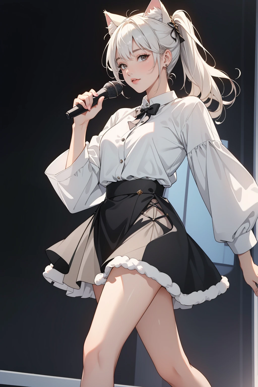 ((masterpiece, Top quality, high resolution)), ((Highly detailed CG unified 8k wallpaper))whole body, A cute girl with double ponytails holding a microphone, wearing cat ear hair accessories, with a full figure, wearing a fluffy skirt, Leg rings, and white hair
