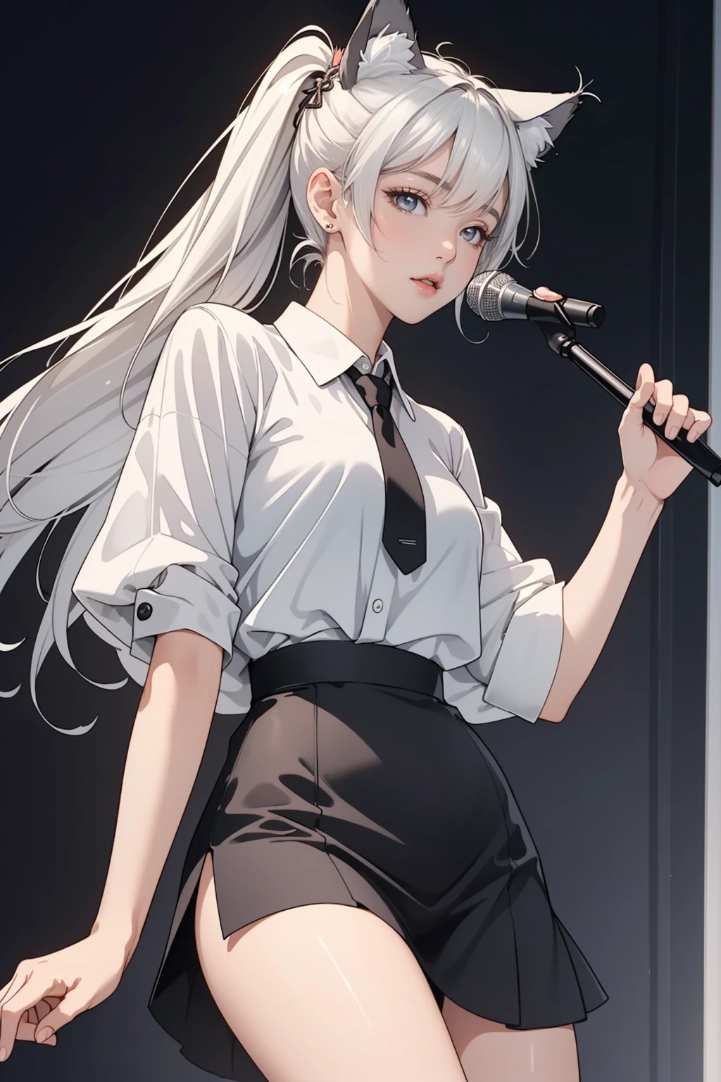 ((masterpiece, Top quality, high resolution)), ((Highly detailed CG unified 8k wallpaper))whole body, A cute girl with double ponytails holding a microphone, wearing cat ear hair accessories, with a full figure, wearing a fluffy skirt, Leg rings, and white hair