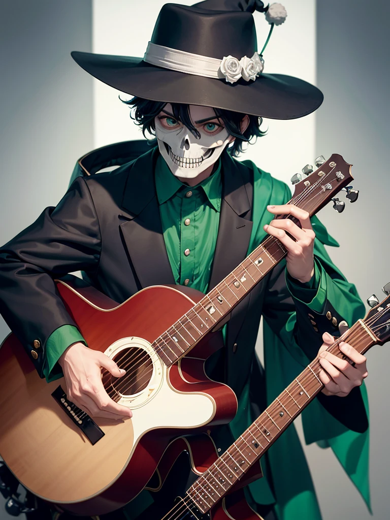 male character transformed into a skull, take care of the detail in the bones, dry, crea una combinacion de ropa de dry y mariachi, green clothing color, dessert details on the hat, black hair, generates a big hat, place a guitar, do not multiply the instrument 