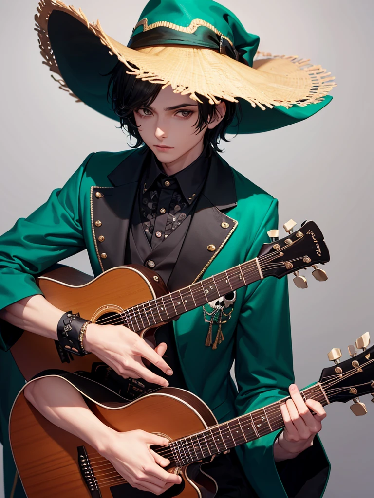 male character transformed into a skull, take care of the detail in the bones, dry, crea una combinacion de ropa de dry y mariachi, green clothing color, dessert details on the hat, black hair, generates a big hat, place a guitar, do not multiply the instrument 
