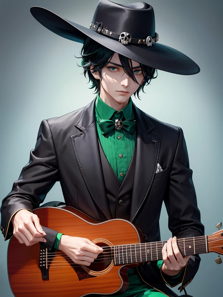 male character transformed into a skull, take care of the detail in the bones, dry, crea una combinacion de ropa de dry y mariachi, green clothing color, dessert details on the hat, black hair, generates a big hat, place a guitar, do not multiply the instrument 