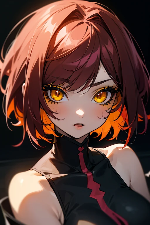 anime girl with short deep red hair, yellow eyes, singing at a concert, detailed eyes, ultra detailed, ((black makeup on the face)), high quality, vibrant colors,