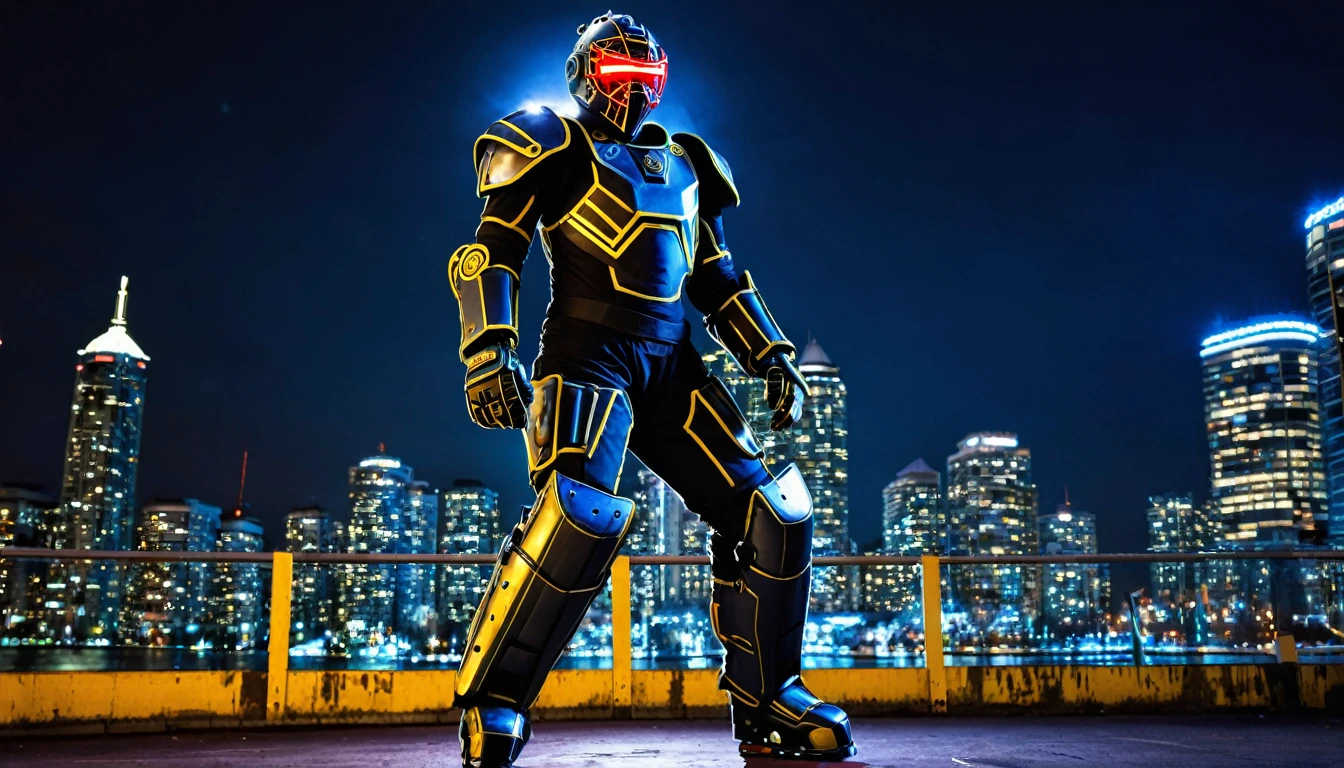 Cybernetic mech suit ready for battle, battle pose, full body shot, Vancouver Canada, high-quality artwork, metal armour, intense lighting, cityscape background, heroic pose, dramatic shadows, black paint suit with yellow neon lights and red eyes, hockey helmet with blue visor, goalie hockey mask design, old goalie mask helmet design,