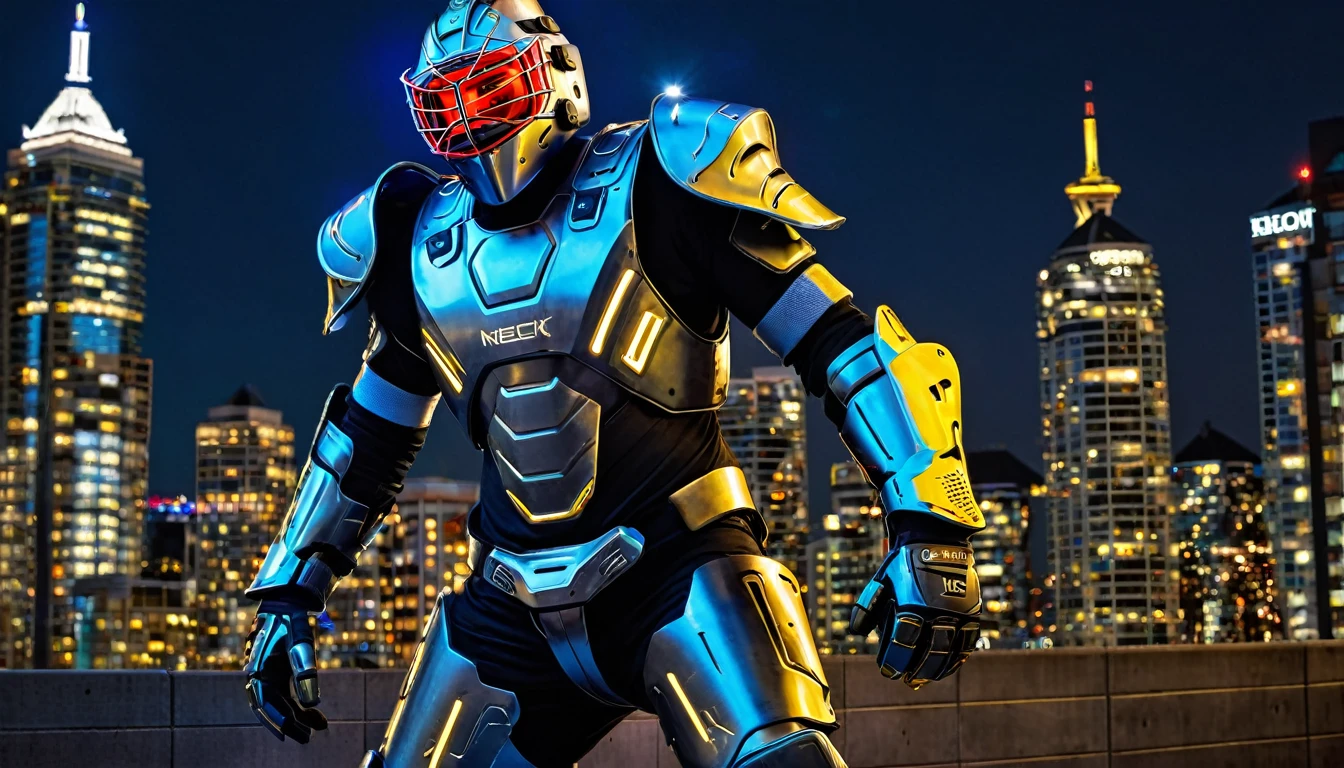 Cybernetic mech suit ready for battle, battle pose, full body shot, Vancouver Canada, high-quality artwork, metal armour, intense lighting, cityscape background, heroic pose, dramatic shadows, black paint suit with yellow neon lights and red eyes, hockey helmet with blue visor, goalie hockey mask design, old goalie mask helmet design,
