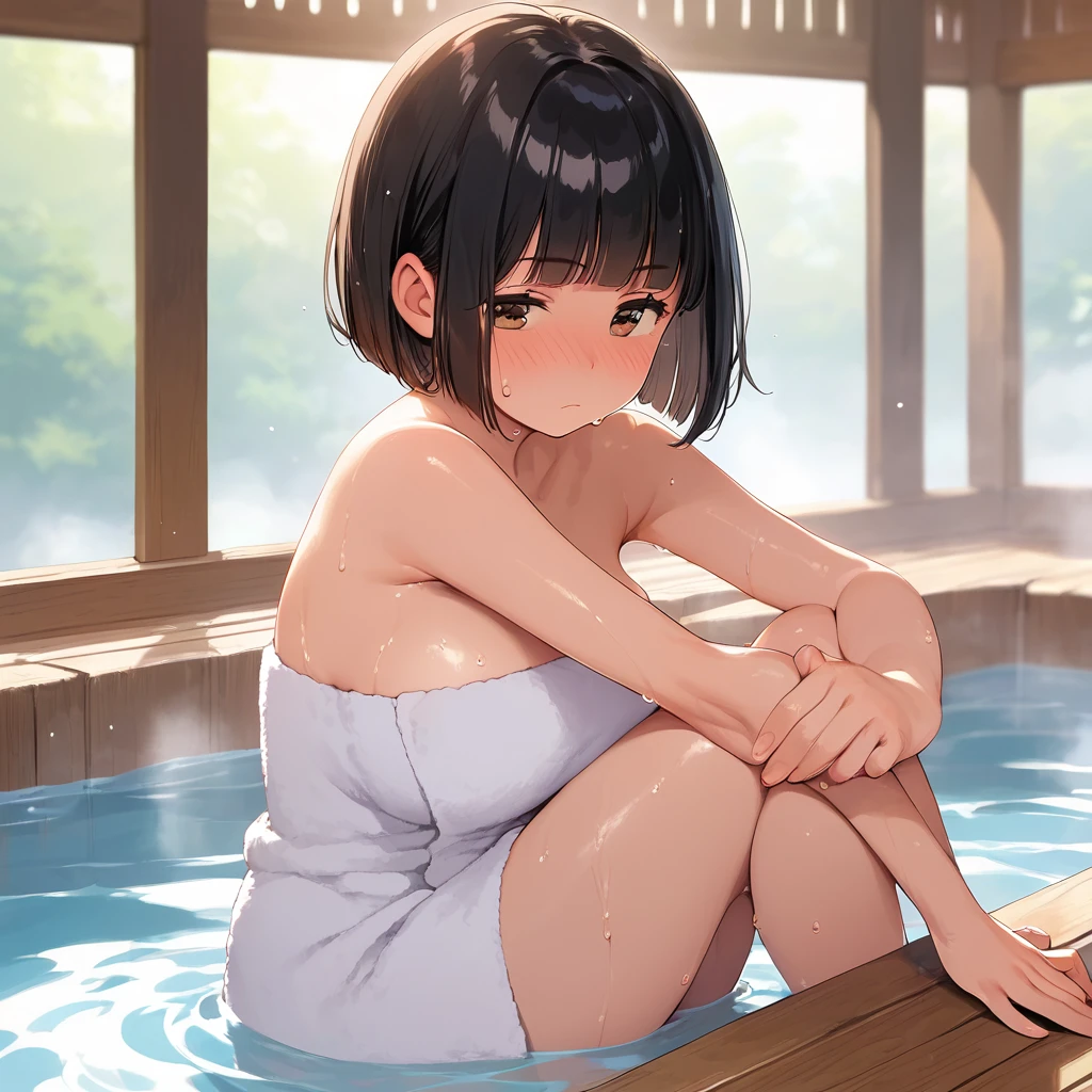 score_9,score_8_up,score_7_up,masterpiece,best quality, source anime, official art, super detailed, extreme detailed, rating_safe,
1girl, sitting, hands on knee, Sauna bath, naked towel,
BREAK girl, 22yo, short hair, bob cut, (blunt bangs), black hair, (tareme, detailed cute brown eyes), curled eyelashes, (large breasts:0.9),
shiny hair, beautiful detailed eyes, beautiful face,
full face blush, serious, frown, half-closed eyes, (sweat:1.4),