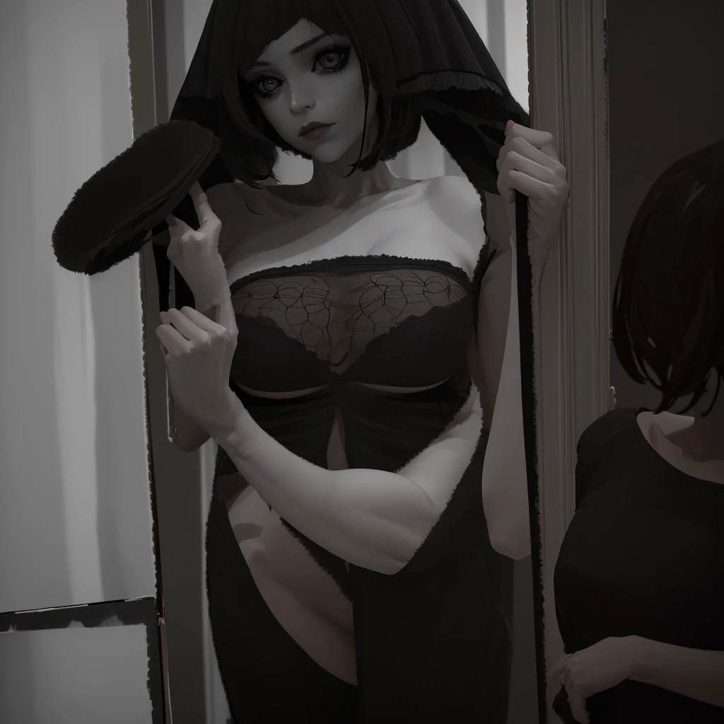 a beautiful young girl in black lingerie, holding a cell phone, taking photos in front of a mirror, flawless white skin, elegant pose, dramatic lighting, cinematic composition, chiaroscuro, dramatic shadows, moody colors, high-quality portrait, photographic realism, fashion photography