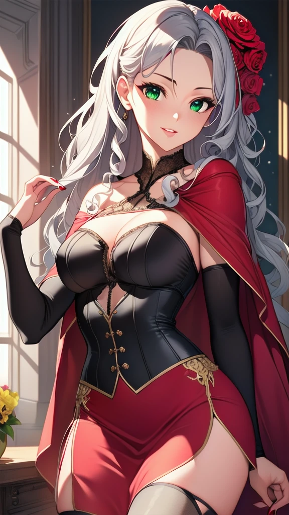 masterpiece, best quality, solo girl, gray hair, green eyes, long hair, medium breasts, sexy body and face, wavy hair, smile, parted lips, red lips, ribbon, crown of thorns, thorns, (red cape, dress flower), detached sleeves, hair flower, hair ornament, long sleeves, black corset, long skirt, red dress, rose, strapless dress, long skirt, thighhighs, thighlet, red nails, dress flower, black thighhighs, mksks style, beautiful background, orchestra, indoors, sexy pose, cowboy shots, sharp focus, ultra-detailed body, face, and eyes, vibrant, creative, dynamic, high definition, high resolution, 8k, (Upscale: R-ESRGAN 4x+ Anime6mage enchance:4x), voluptuous body, cinema lighting, looking at the viewer, (realistic:1.4), (beautiful detailed face, beautiful detailed eyes, volumetric lighting), 