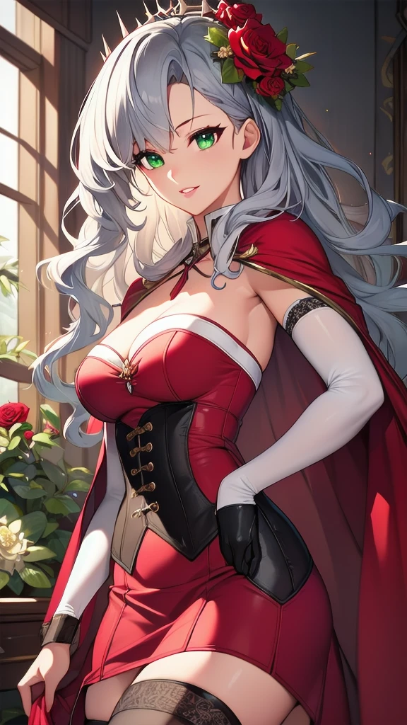 masterpiece, best quality, solo girl, gray hair, green eyes, long hair, medium breasts, sexy body and face, wavy hair, smile, parted lips, red lips, ribbon, crown of thorns, thorns, (red cape, dress flower), detached sleeves, hair flower, hair ornament, long sleeves, black corset, long skirt, red dress, rose, strapless dress, long skirt, thighhighs, thighlet, red nails, dress flower, black thighhighs, mksks style, beautiful background, orchestra, indoors, sexy pose, cowboy shots, sharp focus, ultra-detailed body, face, and eyes, vibrant, creative, dynamic, high definition, high resolution, 8k, (Upscale: R-ESRGAN 4x+ Anime6mage enchance:4x), voluptuous body, cinema lighting, looking at the viewer, (realistic:1.4), (beautiful detailed face, beautiful detailed eyes, volumetric lighting), 