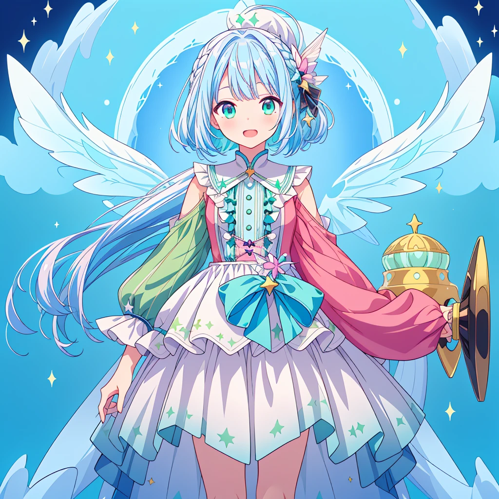 1girl、Star Fairy、Star incarnation、Character design front view、A picture facing the viewer、(((Super detailed、Highest quality、Masterpiece)))、Original cute hairstyle、Milky white and blue hair color、Simple Green Background、vtuber-fullbody,Original cute clothes in jet black and magenta、