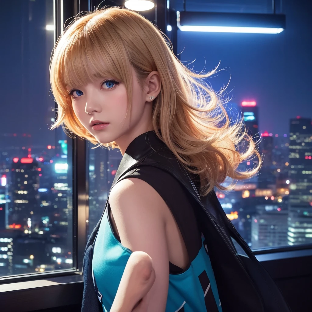 A city pop poster with a retro 80s feel、Imagine the album cover。With the highest quality anime illustrations、The main character is a blonde girl with short hair.。Her eyes shine blue、Dressed in rapper style clothing、I'm wearing headphones。
The image is in a dynamic pose.、Drawn from a novel angle。Created in high definition like 4K、Creates the feeling of being in a dark room。The room was lit by blue lights.、It has a fantastic atmosphere。The room is a small space like a 1K.、The window offers a view of downtown Shinjuku.。
This work depicts a night city enveloped in neon lights.、This will be a record that allows you to fully enjoy the charm of city pop.。