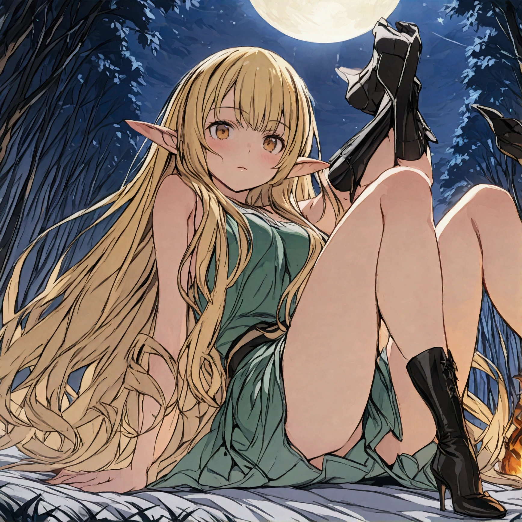 (1girl), ahoge, bare legs, (barefoot: 1.1), blunt bangs, blush, bottomless, covering own mouth, (elven clothes: 1.1), (elfgirl: 1.1), (grasslands: 1.1), pointy ears, embarrassed, (feet: 1.2), (hand over own mouth), hand to own mouth, long hair, long sleeves, looking at viewer, naked shirt, no bra, no pants, off shoulder, open clothes, open shirt, sitting, soles, solo, toes, toenails, very long flowing straight hair, (mature face: 1.2), (tall: 1.1), (below view: 1.2), (below view foreshortening: 1.2)