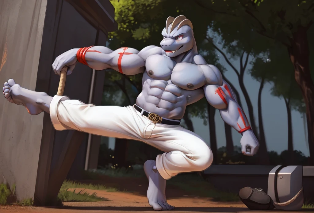 (((Barefoot furry character, full body, cinematic setting, furry male, plantigrade))) 

(((Machoke))) as Capoeira fighter, ((pokemon, long white pants, training Capoeira in the park))

blue body, bara:0.5

BREAK, intricate details, highly detailed, extreme detail, octane render, fine art, best quality, highres, (detailed face:1.5), ((full_body)), UHD, (((perfect hands))), (((perfect feet))), low light