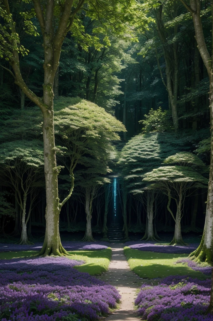 Draw a fantastic landscape of an enchanted forest at night. Giant trees with crystal trunks stand imposingly, with leaves that softly glow in shades of blue and green. On the forest floor, there is a carpet of luminescent flowers that emit a magical purple light. among the trees, small streams of crystal clear water flow gently, reflecting the light of the stars. Fairies with translucent wings fly gracefully, leaving trails of shiny dust. Ao fundo, an ancient stone temple covered in moss and ivy stands partially hidden, with arcane symbols carved into its walls that glow a golden hue.